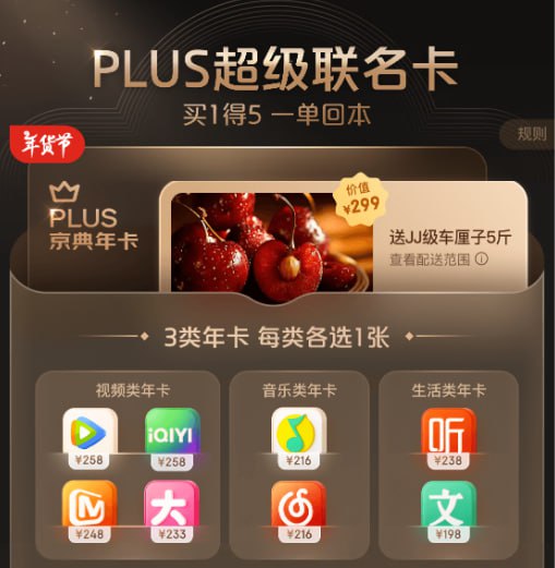 京东PLUS超级联名卡 ❤️买一得五，一单回本，送JJ级车厘子五斤！10点起限量抢！（QQ视频会员年卡、爱奇艺会员年卡、芒果TV会员年卡、B站大会员年卡、QQ音乐会员年卡、网易音乐会员年卡、喜马拉雅会员、百度文库年卡……）